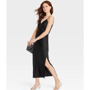 NWT A New Day Black satin relaxed fit slip dress with slit